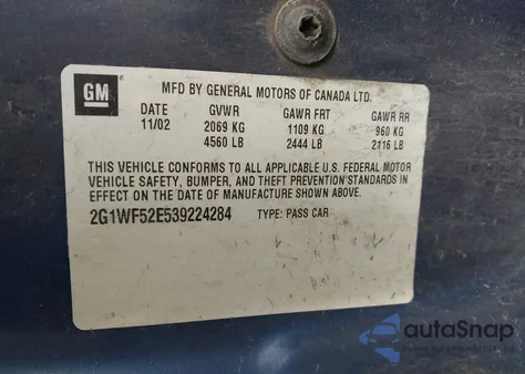 2003 Chevrolet Impala z USA, uszkodzony, nr VIN 2G1WF52E539224284